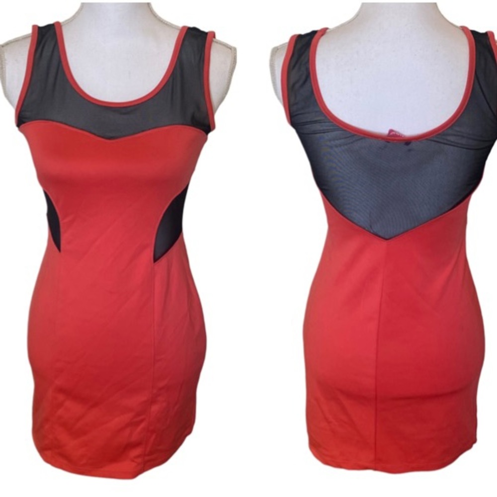 Shasa | Womens Coral Bodycon Dress with black mesh cutouts Size M Medium